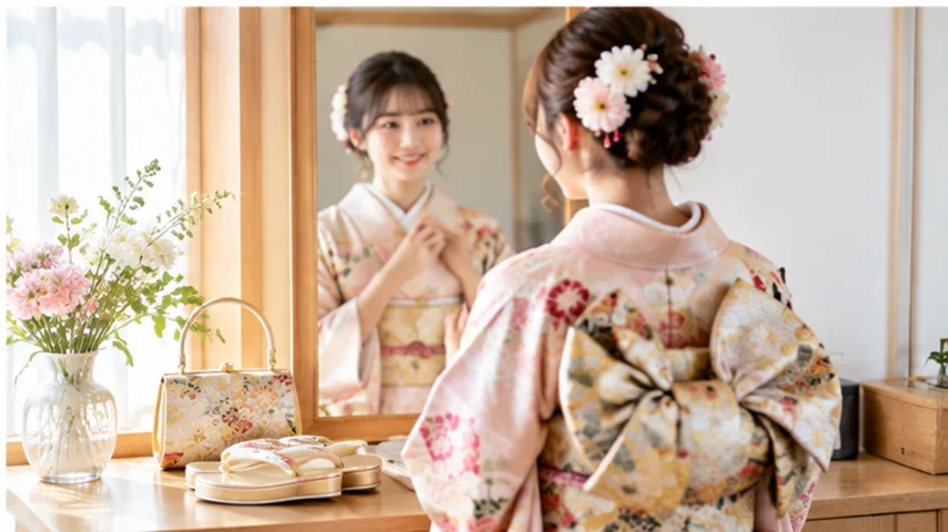 成人式の着物に必要なものを準備して振袖の着付けを終えた日本人女性
