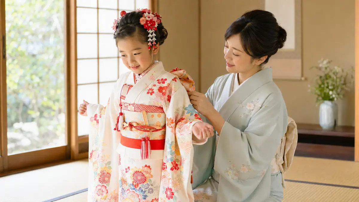 七五三着付け 7歳｜出発前に帯・衿元・持ち物を確認する親子